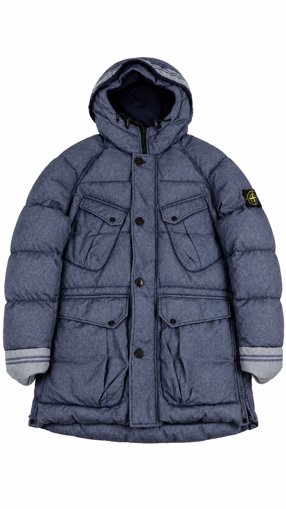 Doudoune Longue à Capuche Stone Island Mix Fibre Watro Tela Down Bleu Taille L – vue de face – NB08 Shop