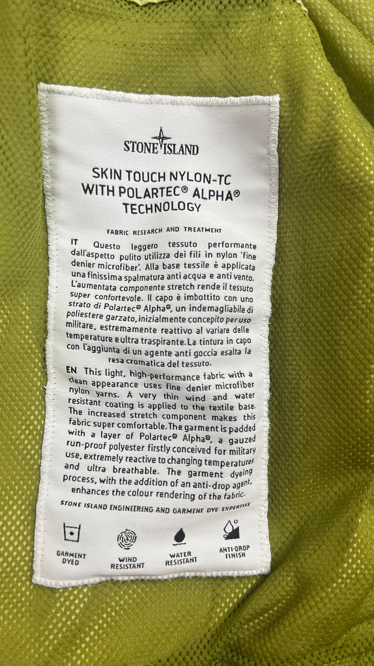 Veste Stone Island Skin Touch Nylon-TC Polartec Alpha, Jaune, Taille S — photographie complémentaire 5