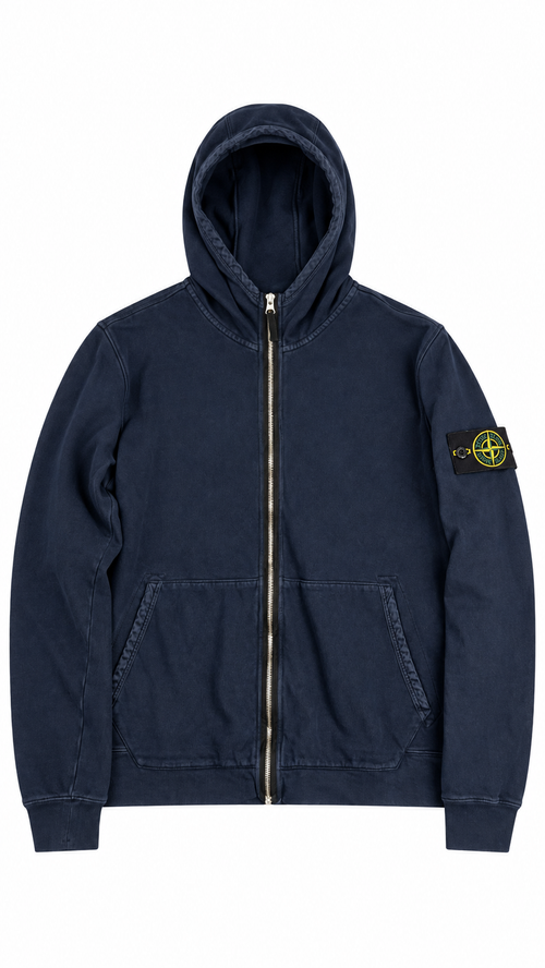 Felpa con cappuccio e zip Stone Island in cotone felpato - Blu navy - Taglia L