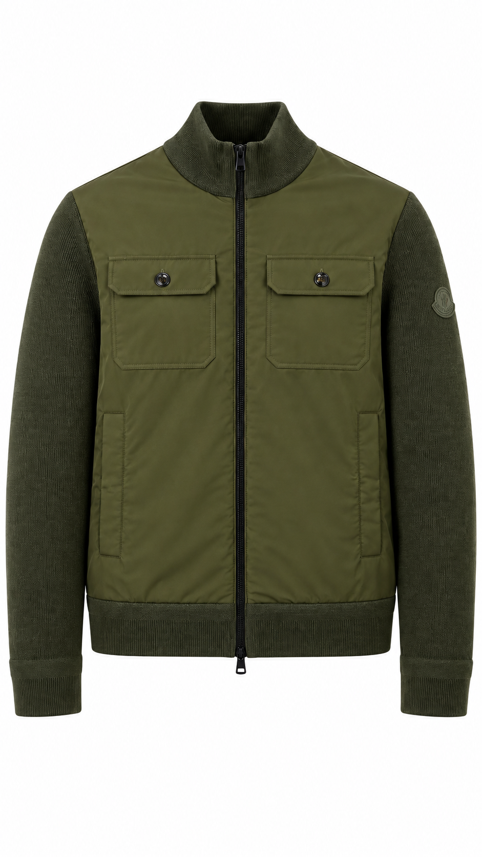 Cardigan Zippé Moncler Hybride Col Montant, Kaki, Taille L, Neuf — photographie principale