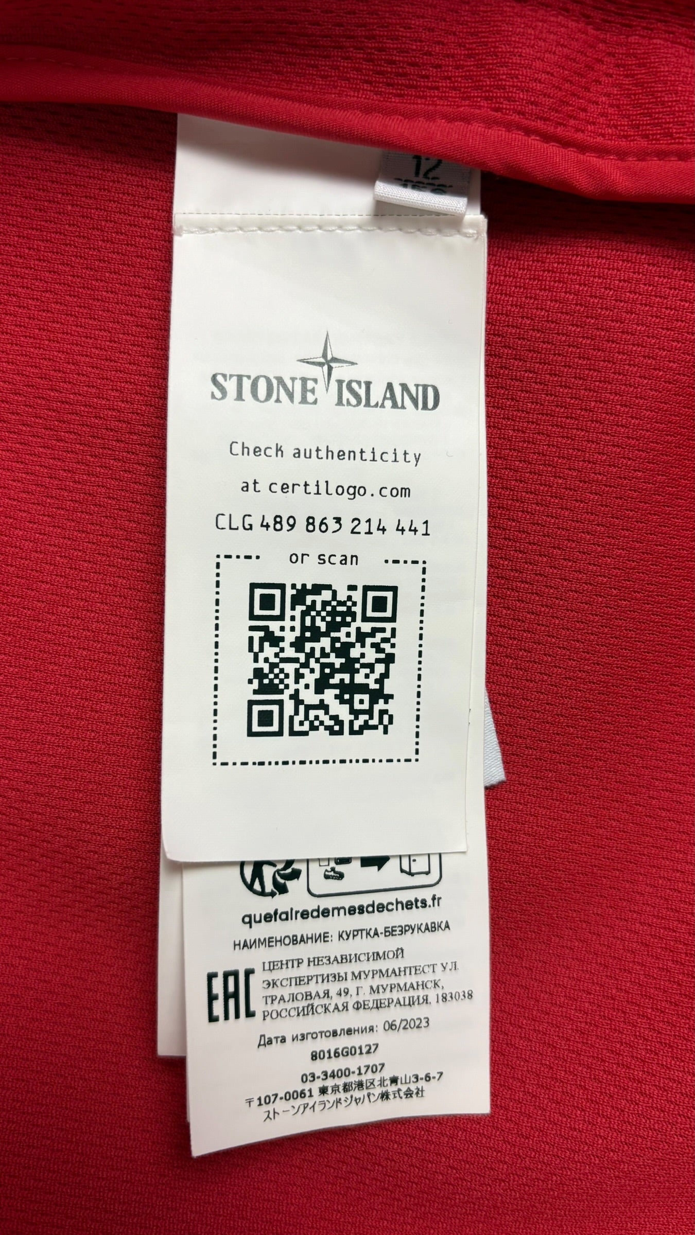 GILET STONE ISLAND JUNIOR - ROUGE - TAILLE 12 ANS