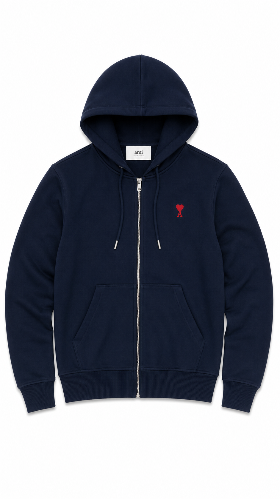 Sweat à capuche zippé Ami de Coeur AMI Paris marine neuf, broderie cœur rouge sur la poitrine — vue 1