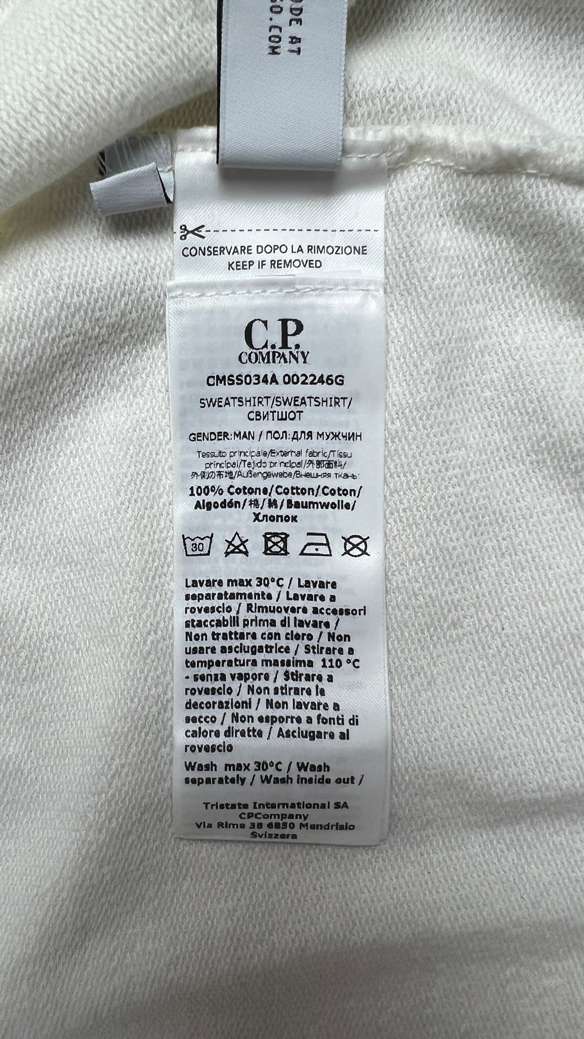 Sweat-shirt Hoodie Zippé C.P Company Light Fleece Lens blanc taille S, détail étiquettes et finitions — vue 7
