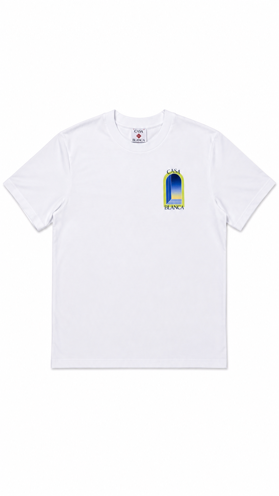 T-shirt Limearches Casablanca blanc neuf, arche dégradé bleu et vert citron sérigraphiée — vue 1