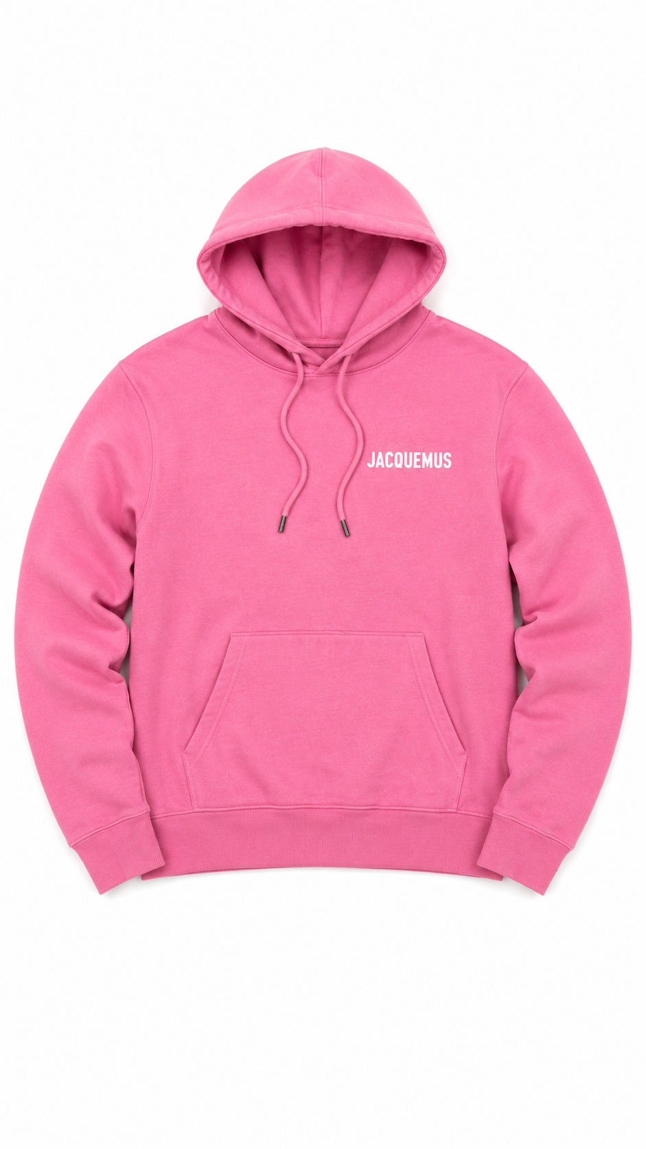 Hoodie Jacquemus rose, vue de face, capuche à cordon, logo Jacquemus blanc sur la poitrine et poche centrale