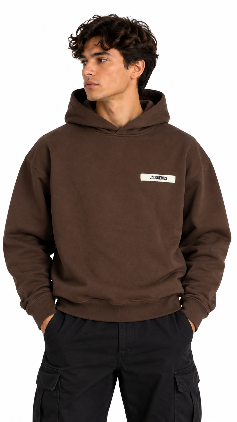 Sweat-shirt Hoodie Jacquemus Gros Grain marron, détail étiquettes et finitions — vue 4