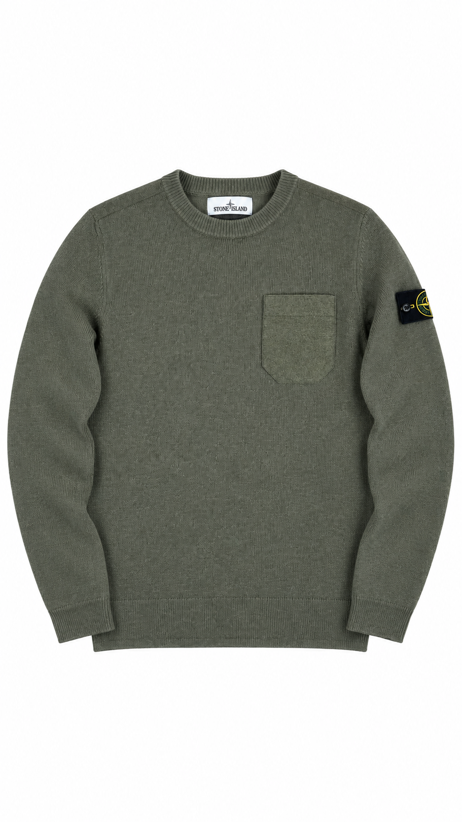 Pull Crewneck Stone Island en Laine à Poche kaki, taille M – vue de face – NB08 Shop