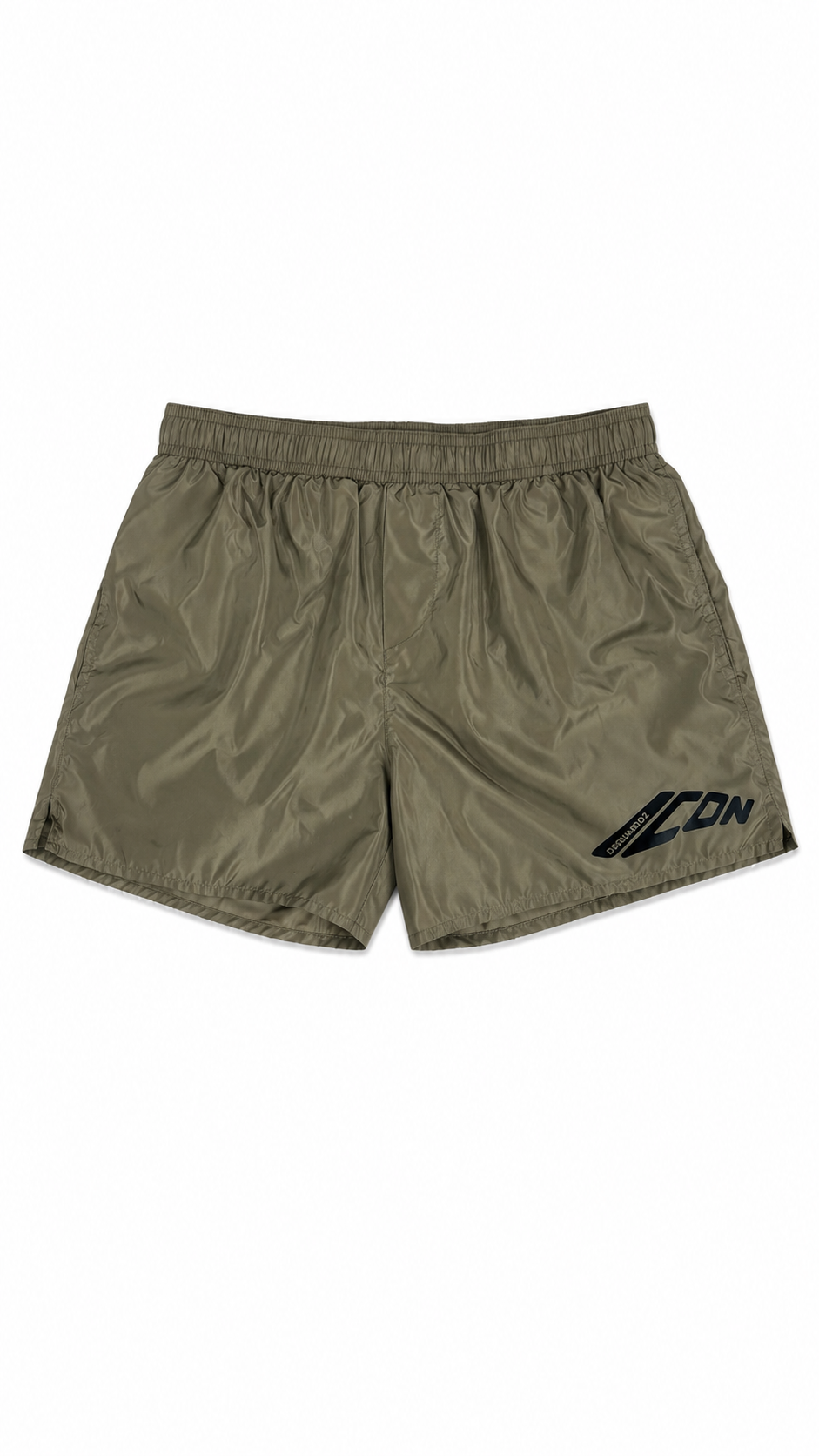 Short de bain Dsquared2 vert kaki, coupe courte avec cordon de serrage, logo ICON imprime en noir sur la jambe droite, vue de face