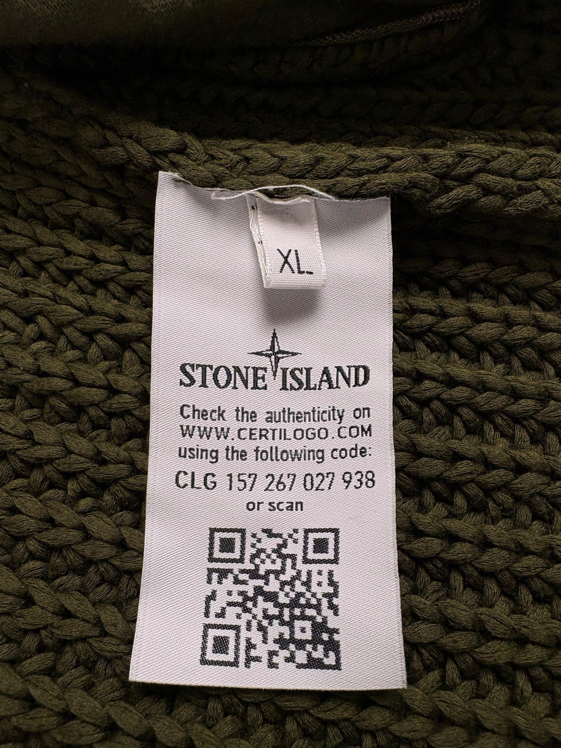 Cardigan Stone Island kaki taille XL - Logo et étiquette