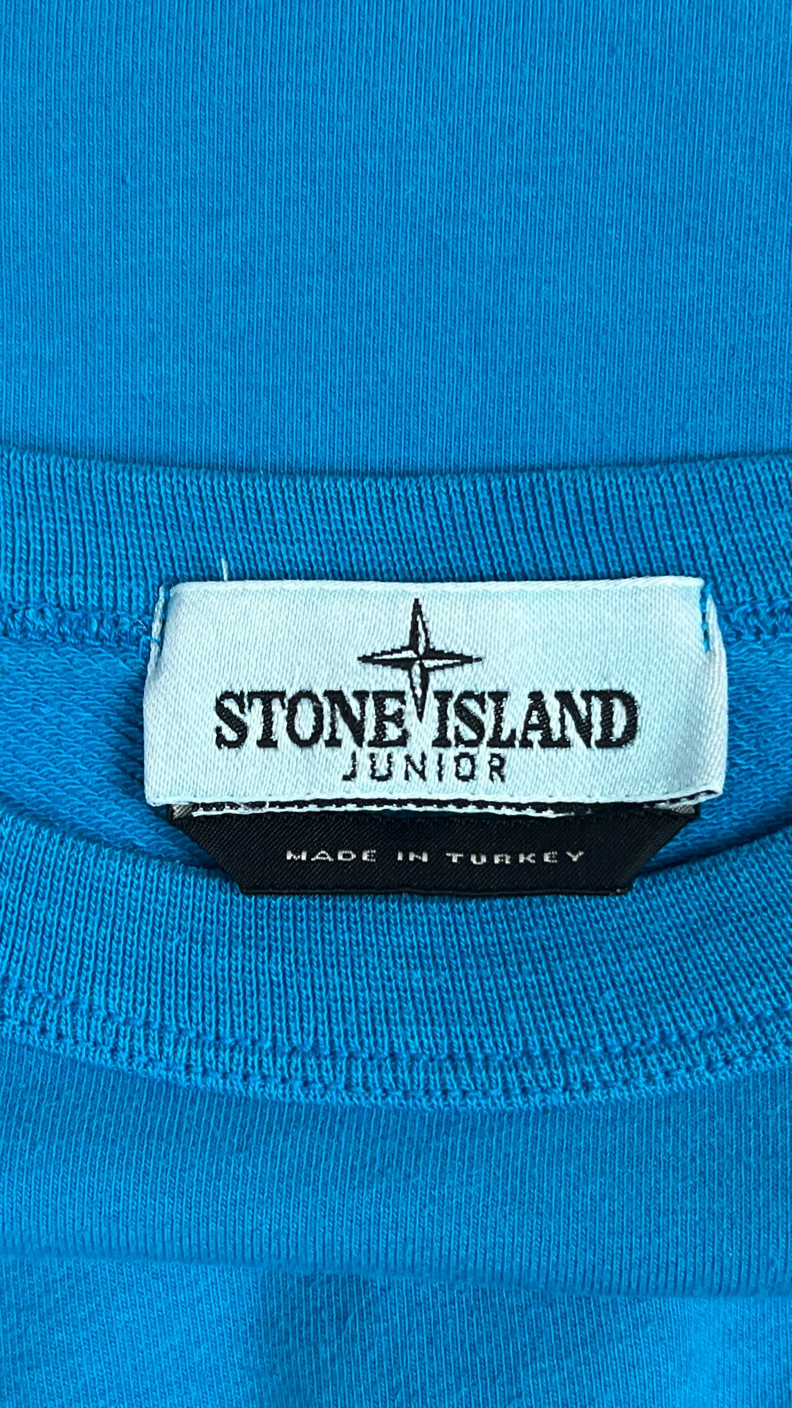 Sweat-shirt Crewneck Stone Island Junior Poches Zippées turquoise taille 12 ans, détail étiquettes et finitions — vue 3