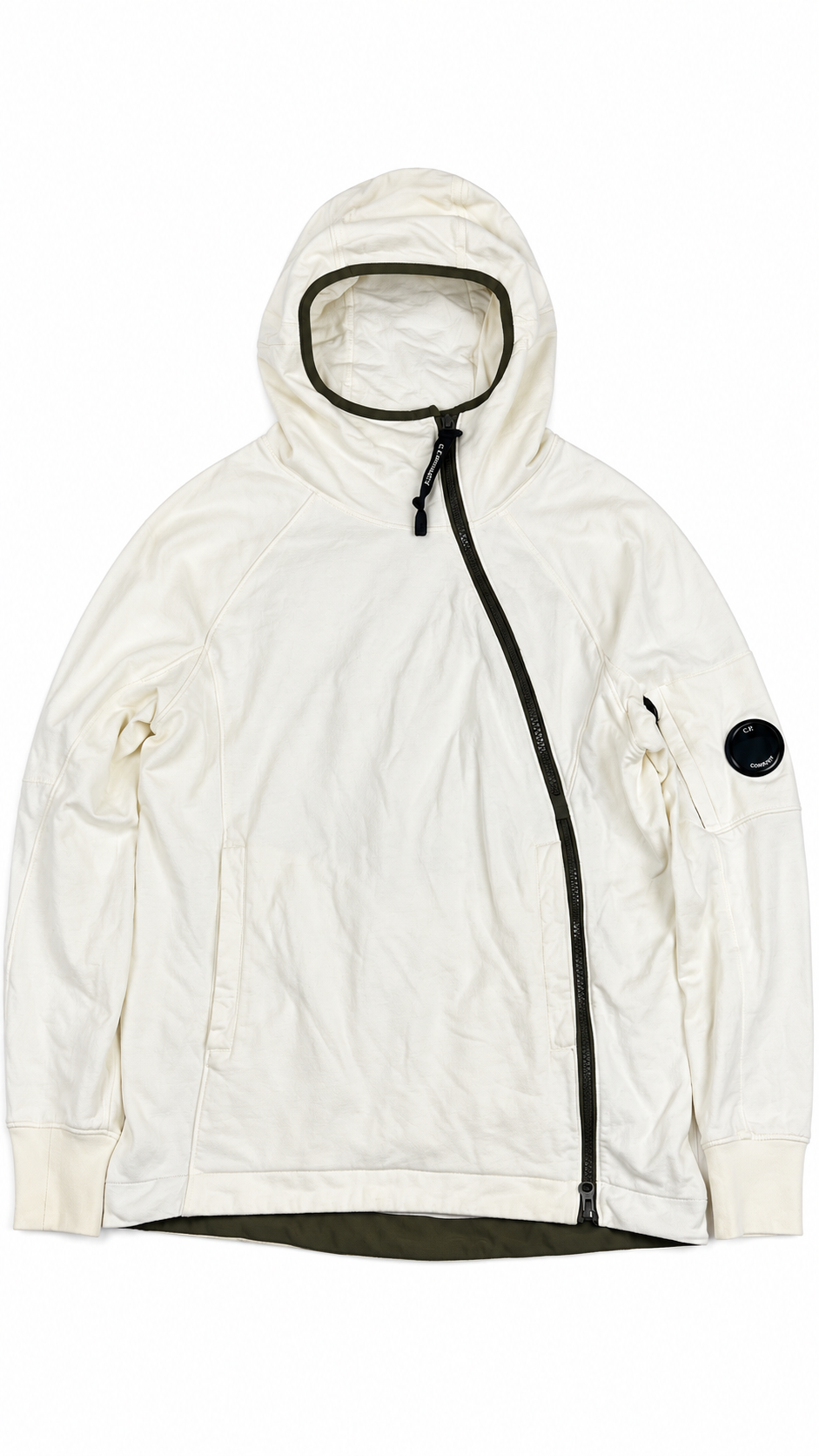 Sweat-shirt Hoodie Zippé C.P Company Lens Zip Asymétrique crème, taille S – vue de face – NB08 Shop