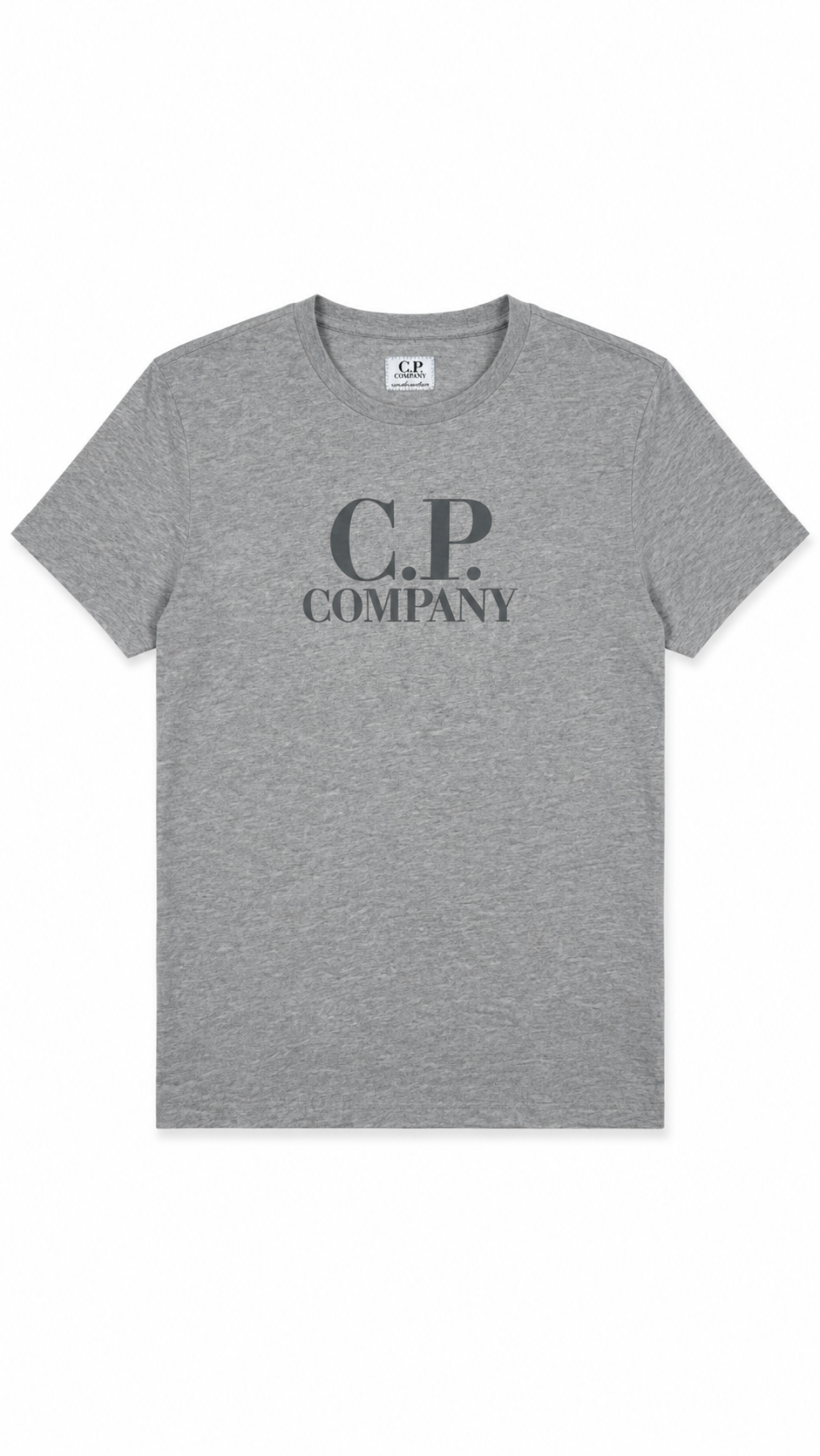 Tee-shirt C.P Company gris chiné vue de face avec le logo C.P Company imprimé au centre