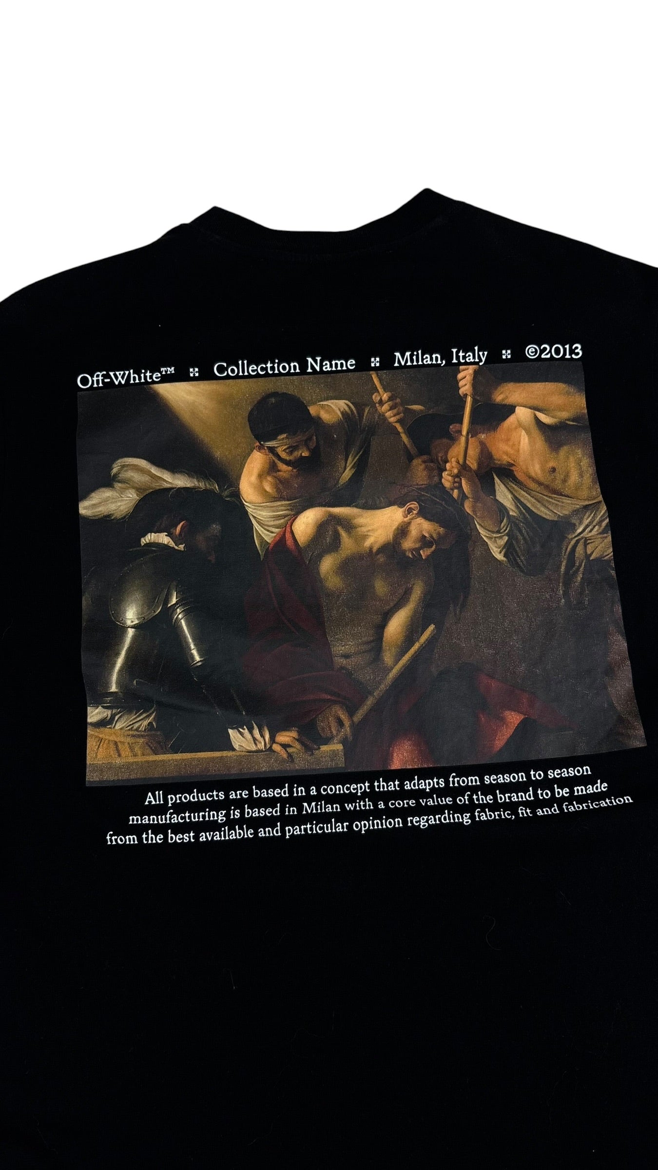 Dos du tee-shirt Off-White noir avec grand imprimé graphique inspiré d'une peinture et texte Off-White Milan