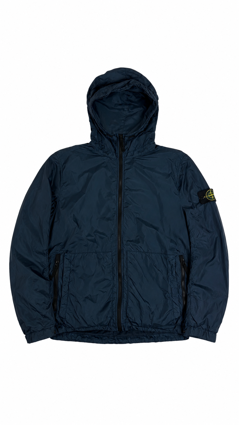 Veste coupe-vent Stone Island Garment Dyed Crinkle Reps bleu marine à capuche, fermeture zippée, poches zippées, écusson boussole Stone Island sur la manche, vue de face