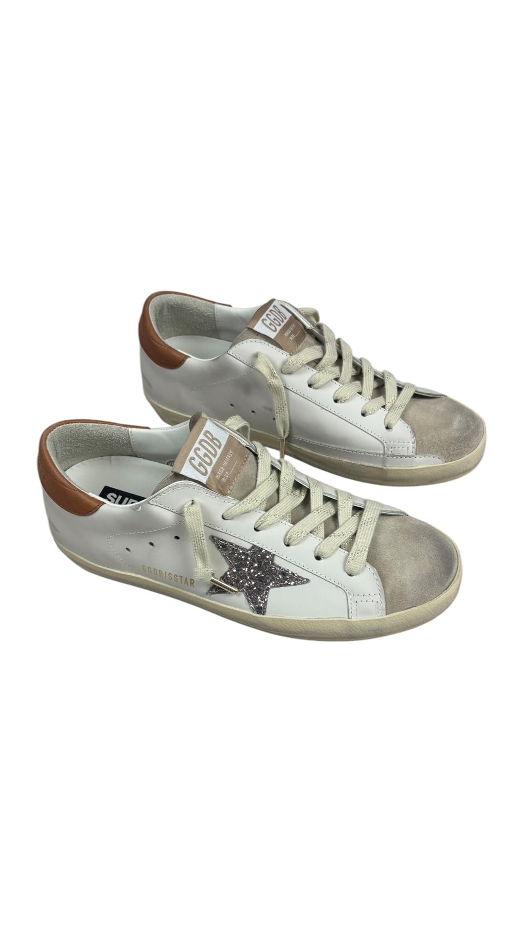 Sneakers Golden Goose Super-Star femme étoile pailletée blanc beige neuf - vue 3/4