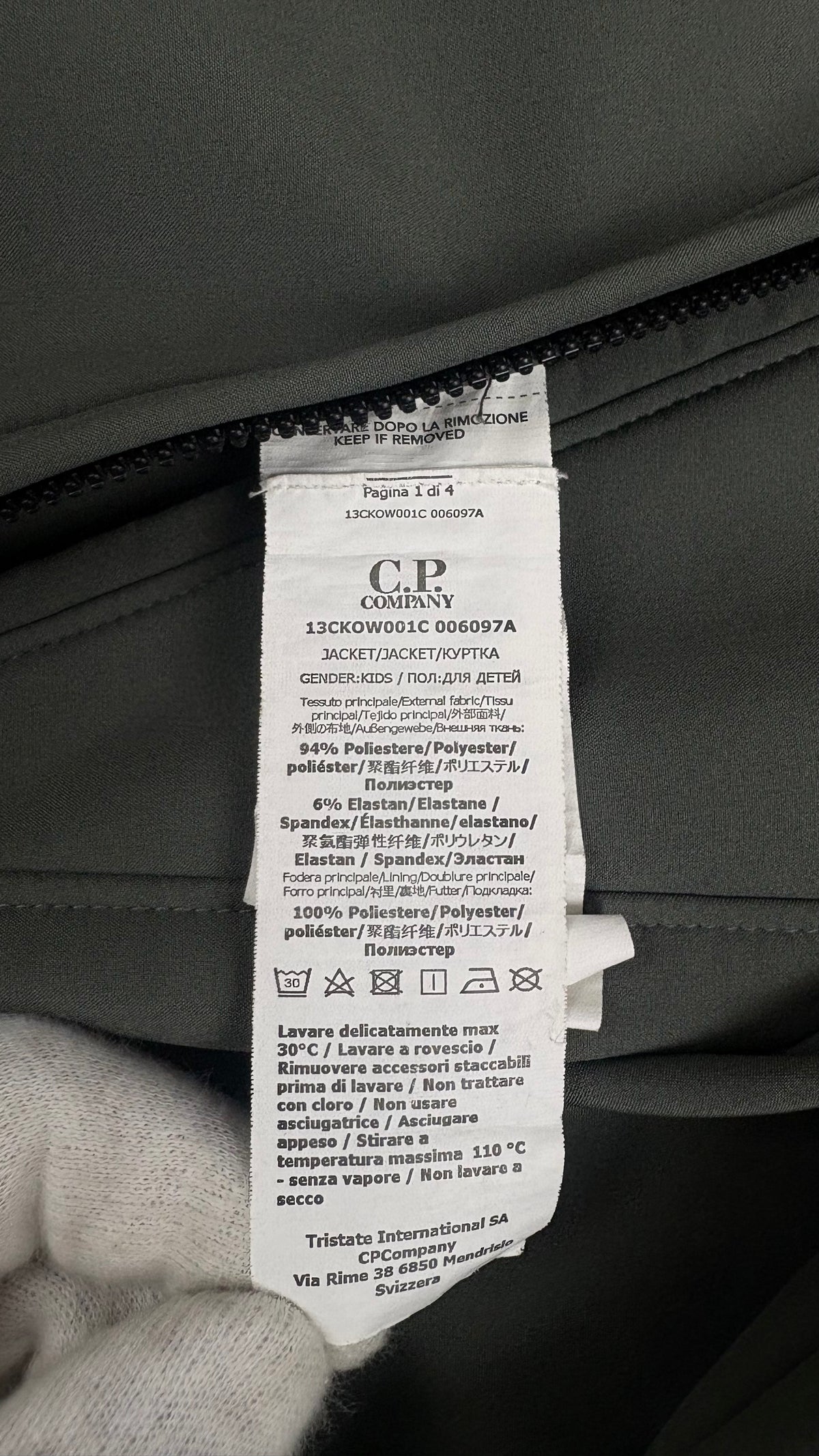 Veste à Capuche C.P Company Junior Shell-R Goggle kaki grisé taille 14 ans, détail étiquettes et finitions — vue 7