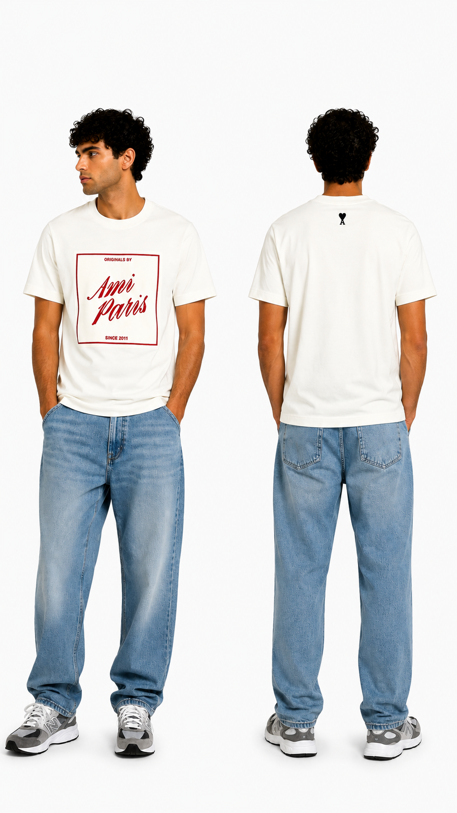 T-shirt Heritage Print AMI Paris blanc crème neuf, jersey de coton épais coupe boxy — vue 3