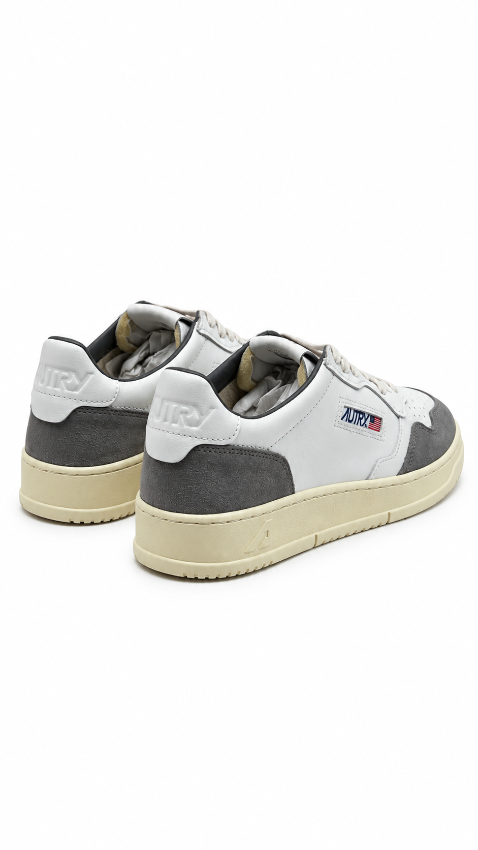 Sneakers Autry Medalist Low Cuir Blanc Daim Ciment blanc et gris, détail matière et finitions — vue 3