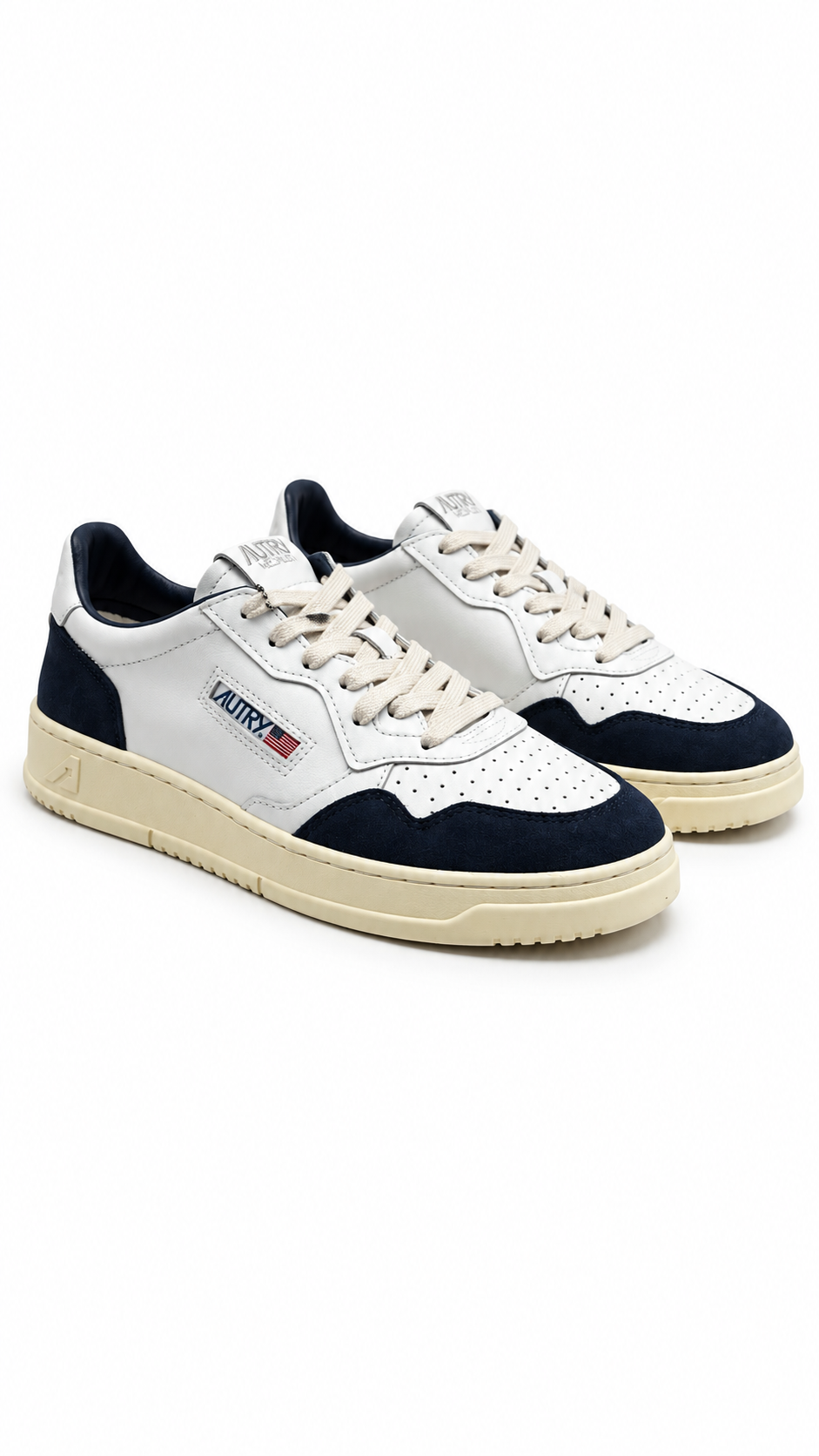 Sneakers Autry Medalist Low Cuir Blanc Daim Denim blanc et bleu, autre angle — vue 2