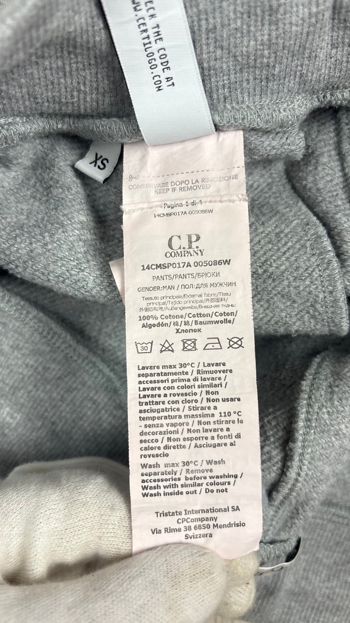 Jogging C.P Company Lens gris taille XS, détail étiquettes et finitions — vue 5