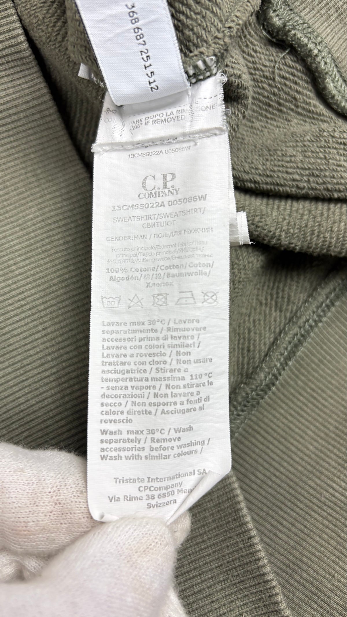 Sweat-shirt Crewneck C.P Company Diagonal Raised Fleece Lens kaki taille S, détail étiquettes et finitions — vue 7