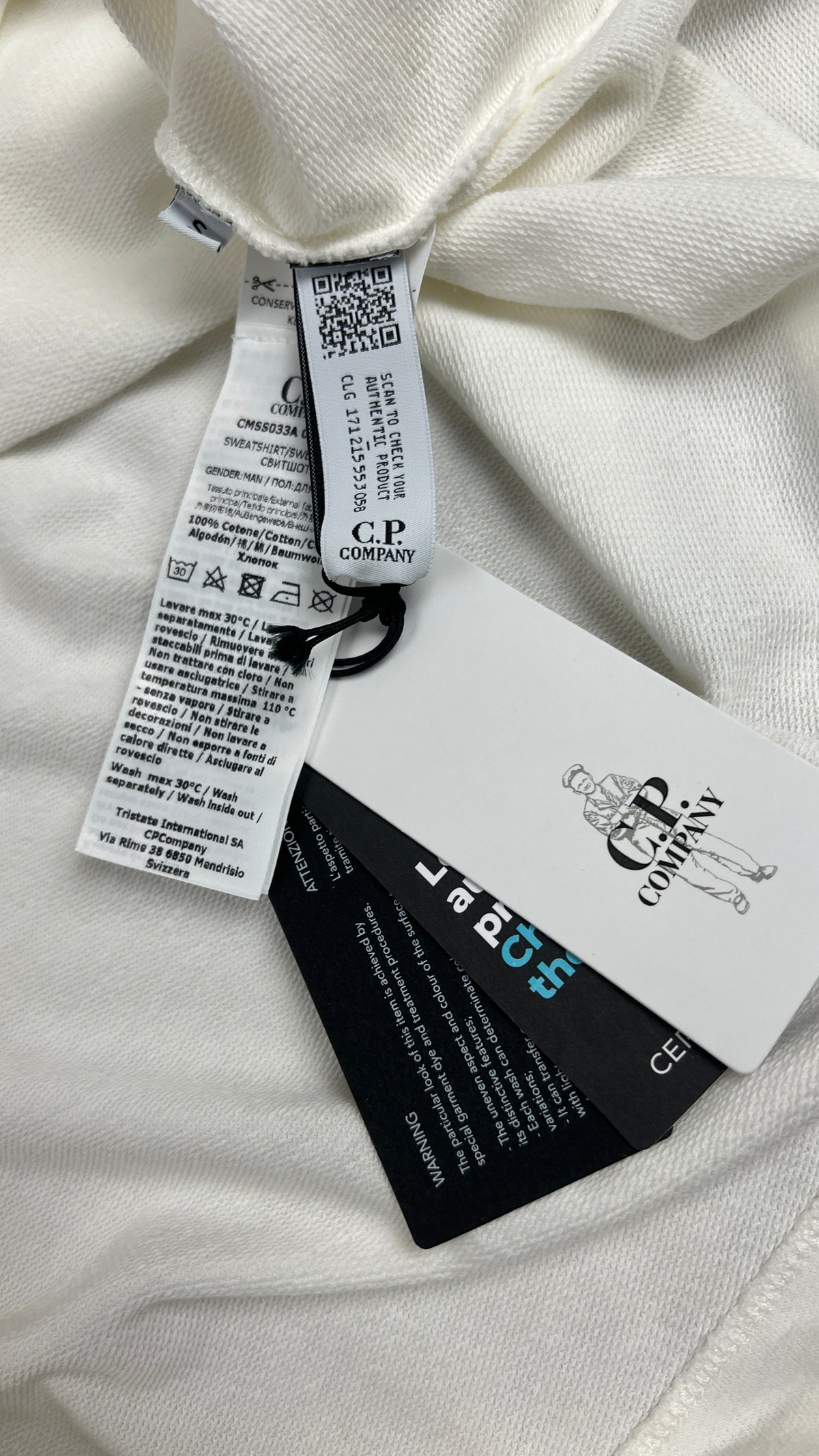 Sweat-shirt Hoodie C.P Company Light Fleece Lens blanc taille S, détail étiquettes et finitions — vue 6