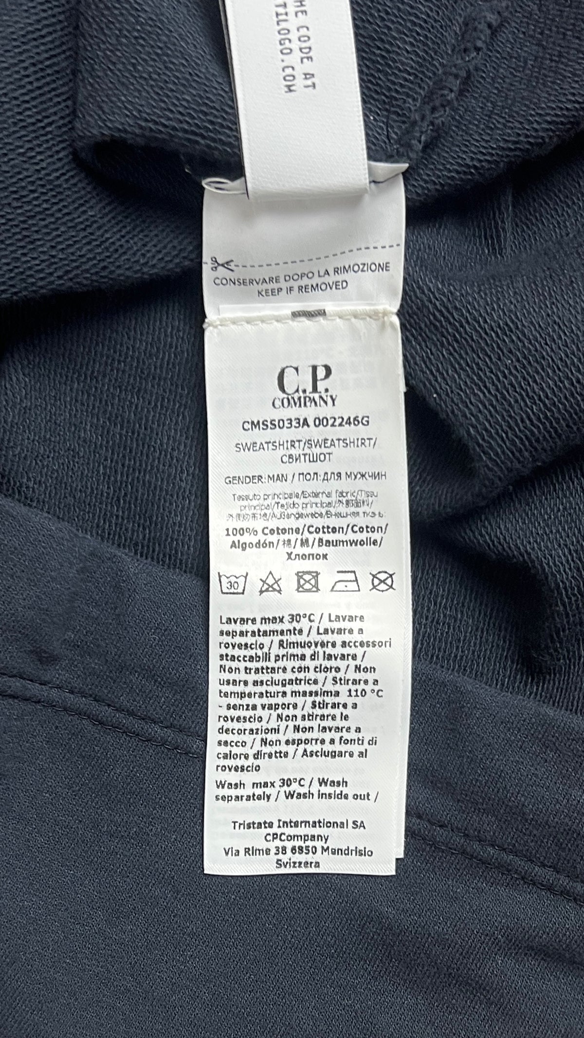 Sweat-shirt Hoodie C.P Company Light Fleece Lens marine, détail étiquettes et finitions — vue 7