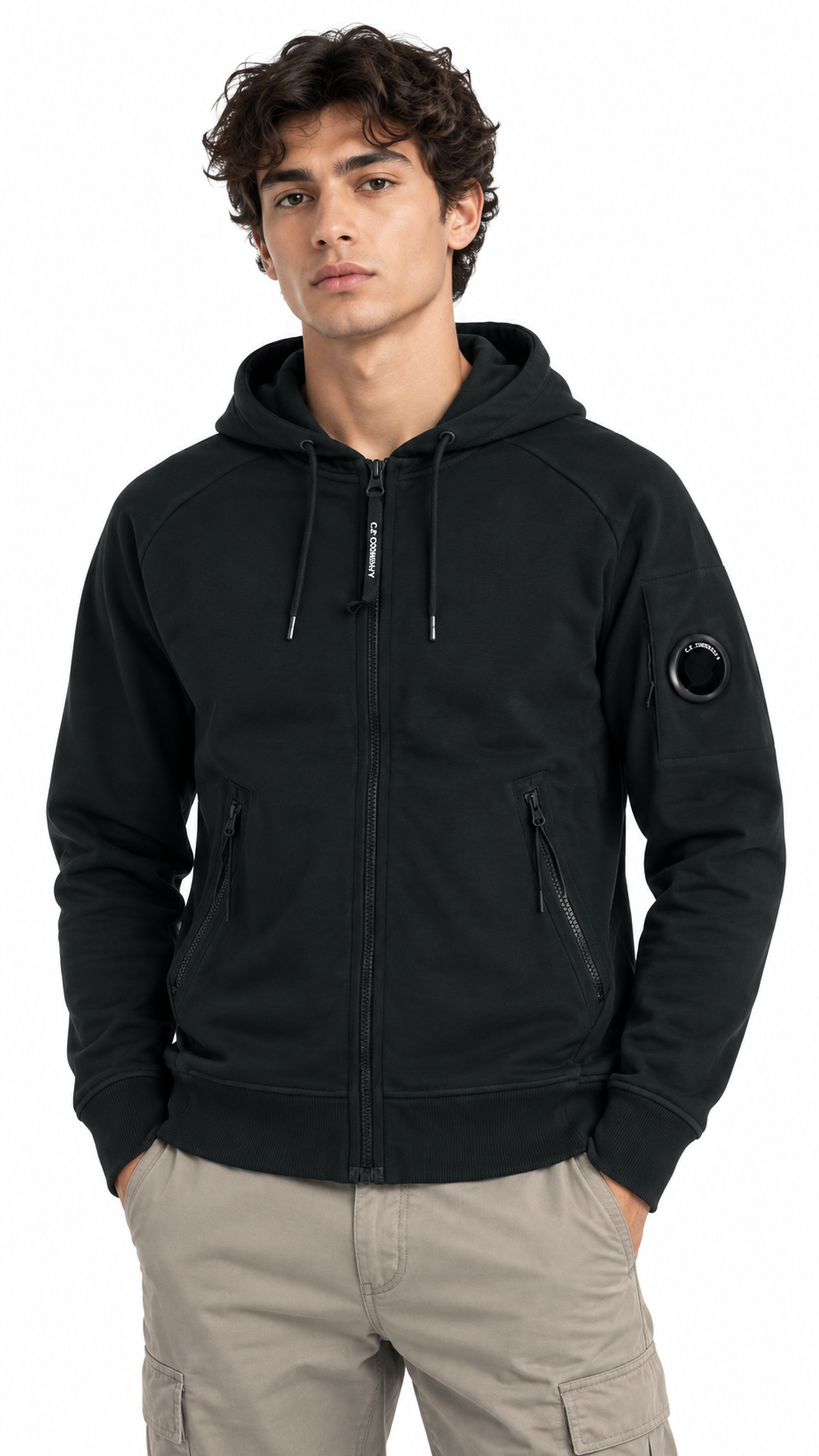 Sweat-shirt Hoodie Zippé C.P Company Diagonal Raised Fleece Lens Raven gris, détail étiquettes et finitions — vue 4