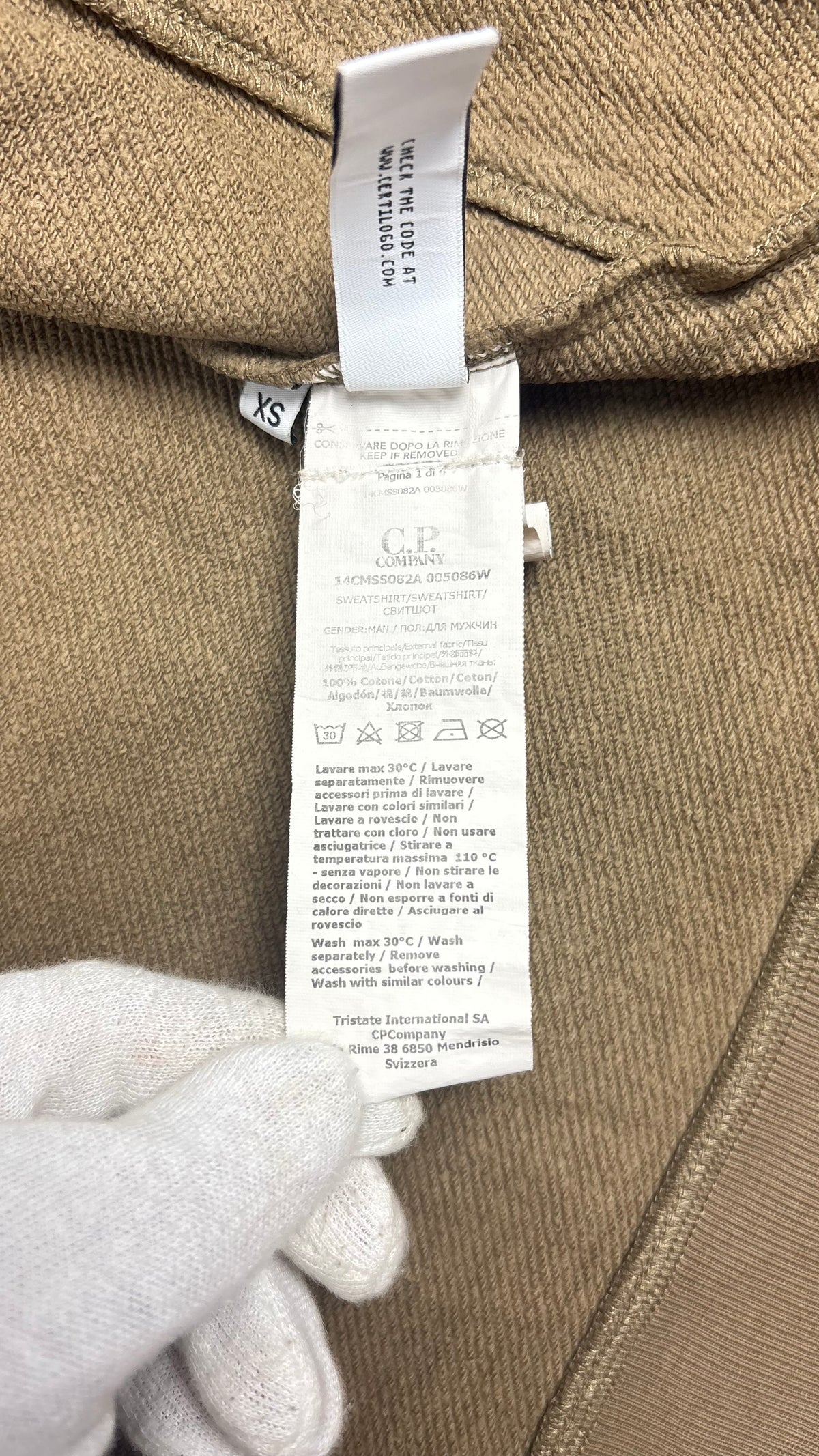 Sweat-shirt Hoodie Zippé C.P Company Goggle kaki taille XS, détail étiquettes et finitions — vue 6