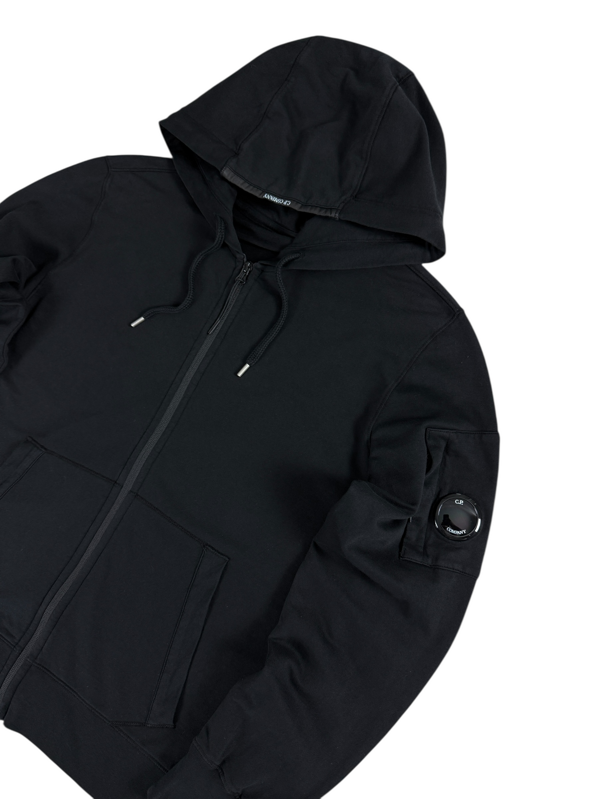 Sweat-shirt Hoodie Zippé C.P Company Light Fleece noir, détail matière et finitions — vue 3