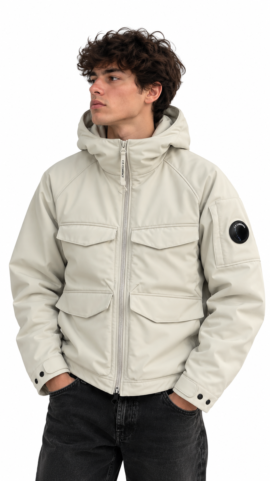 Veste à Capuche C.P Company Shell-R Lens Silver Birch blanc cassé, détail étiquettes et finitions — vue 3