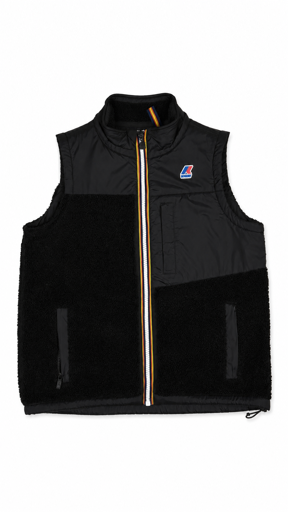 Gilet K-Way noir sans manches, vue de face, fermeture zip orange et logo K-Way sur la poitrine