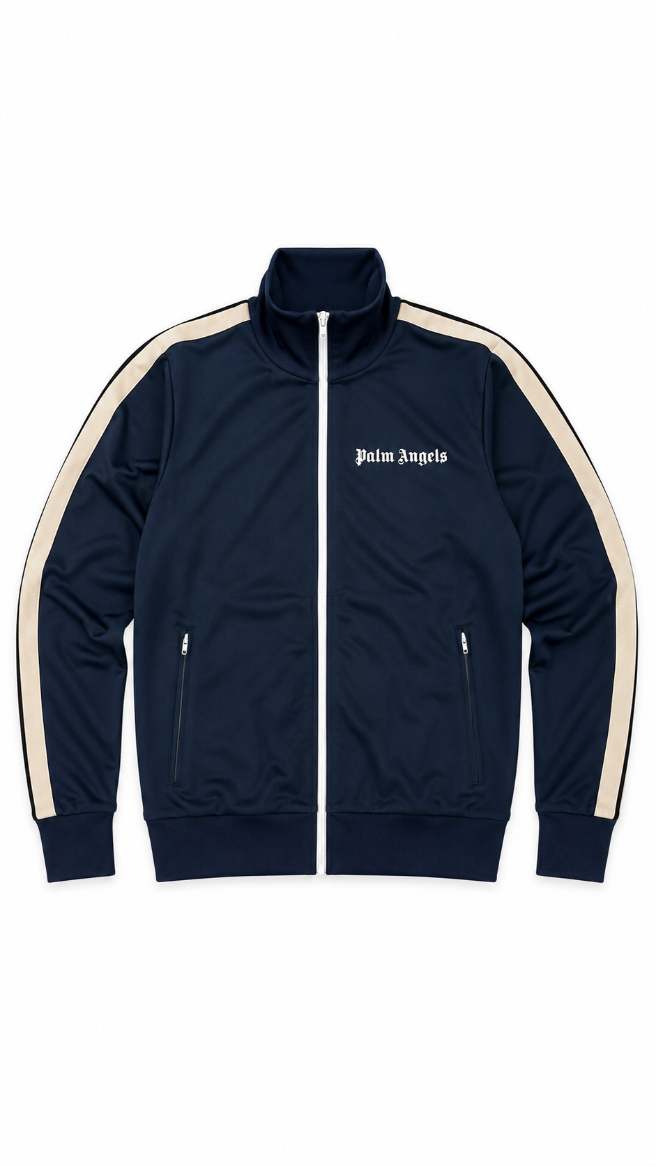 Veste zippée Palm Angels bleu marine vue de face avec bandes latérales crème et logo Palm Angels sur la poitrine
