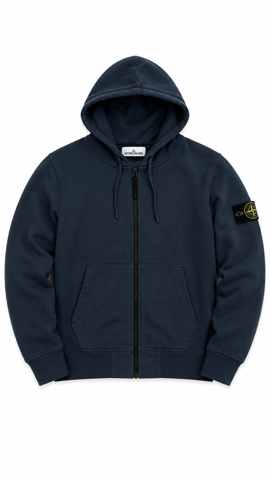 Gilet Stone Island bleu marine à capuche, fermeture zippée intégrale, badge boussole sur la manche, vue de face