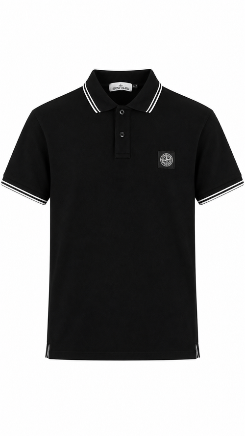 Polo Slim Stone Island Piqué Coton Bio Stretch Patch Compass - Noir - Neuf