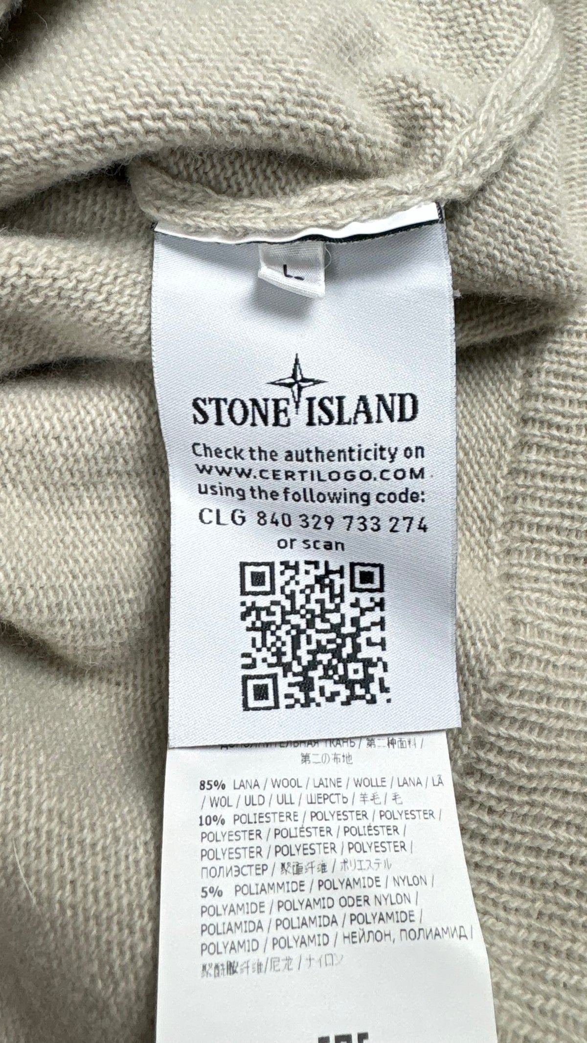 Pull Col Montant Stone Island beige taille L, détail étiquettes et finitions — vue 5