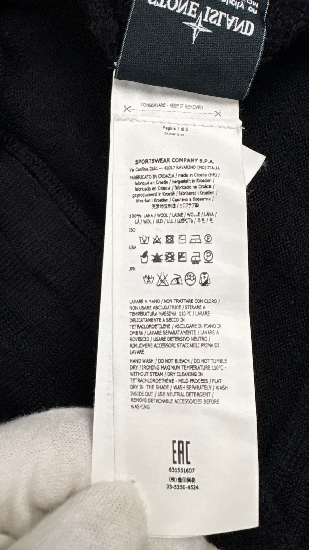 Pull en Laine Stone Island noir, détail étiquettes et finitions — vue 6