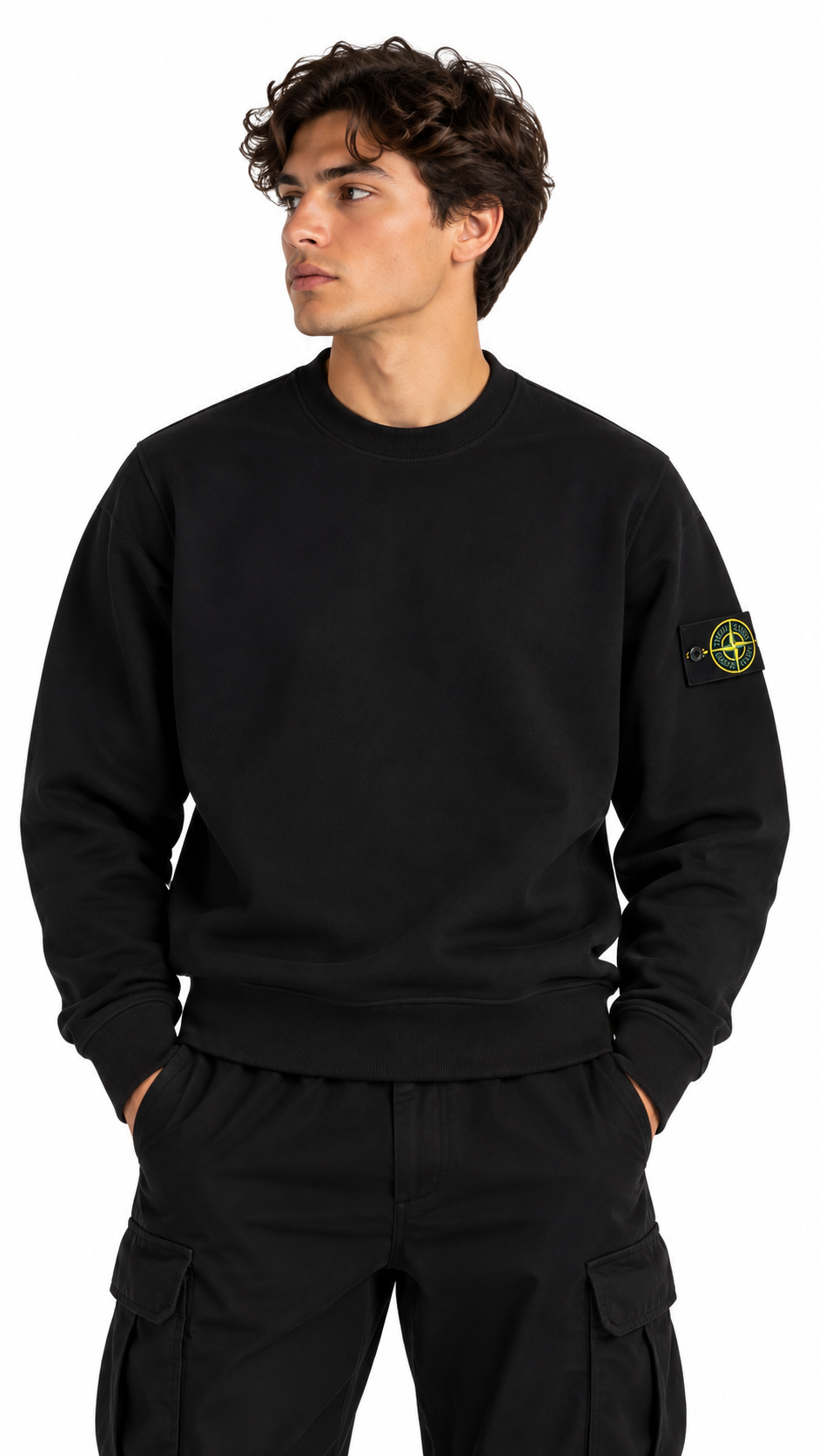 Sweat-shirt Crewneck Stone Island Organic Cotton Fleece noir taille M, détail étiquettes et finitions — vue 4