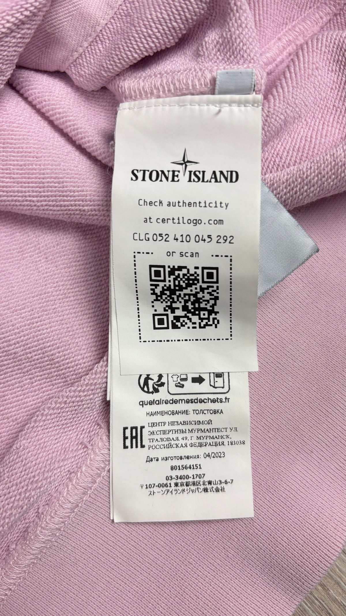 Sweat-shirt Hoodie Stone Island Cotton Fleece rose taille L, détail étiquettes et finitions — vue 5