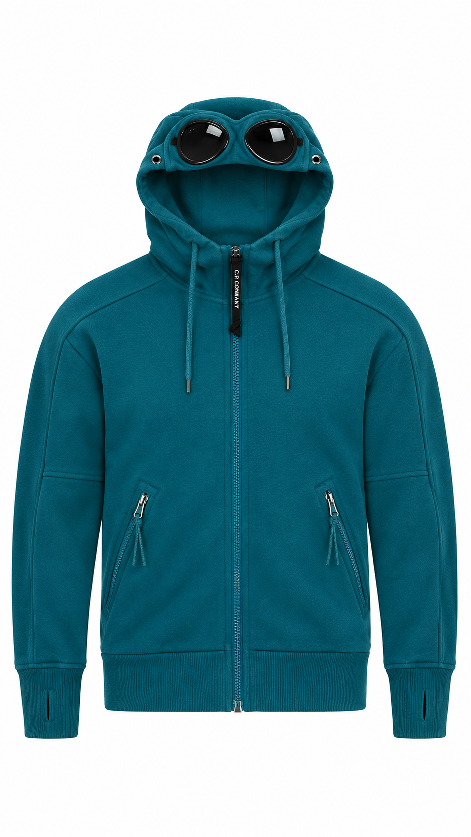 Sweat-shirt Hoodie Zippé C.P Company Goggle Diagonal Raised Fleece Bleu Pétrole Taille XS – vue de face – NB08 Shop