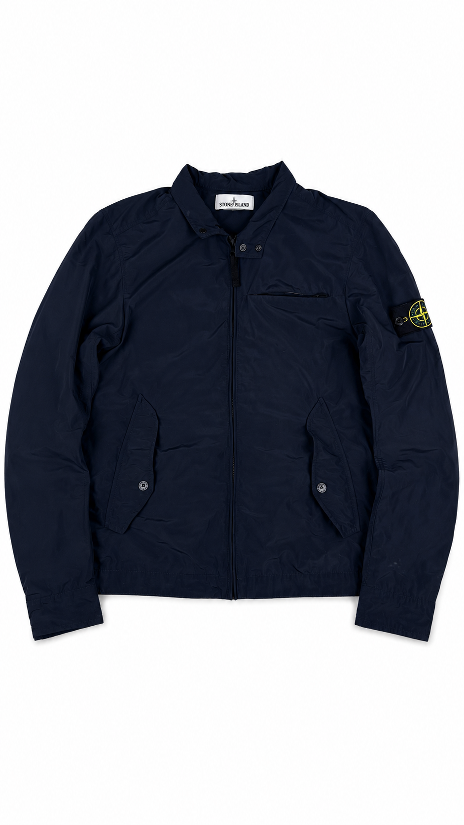 Veste Stone Island Micro Reps bleu marine en nylon, fermeture zippée, deux poches à boutons pression, écusson boussole Stone Island sur la manche, vue de face